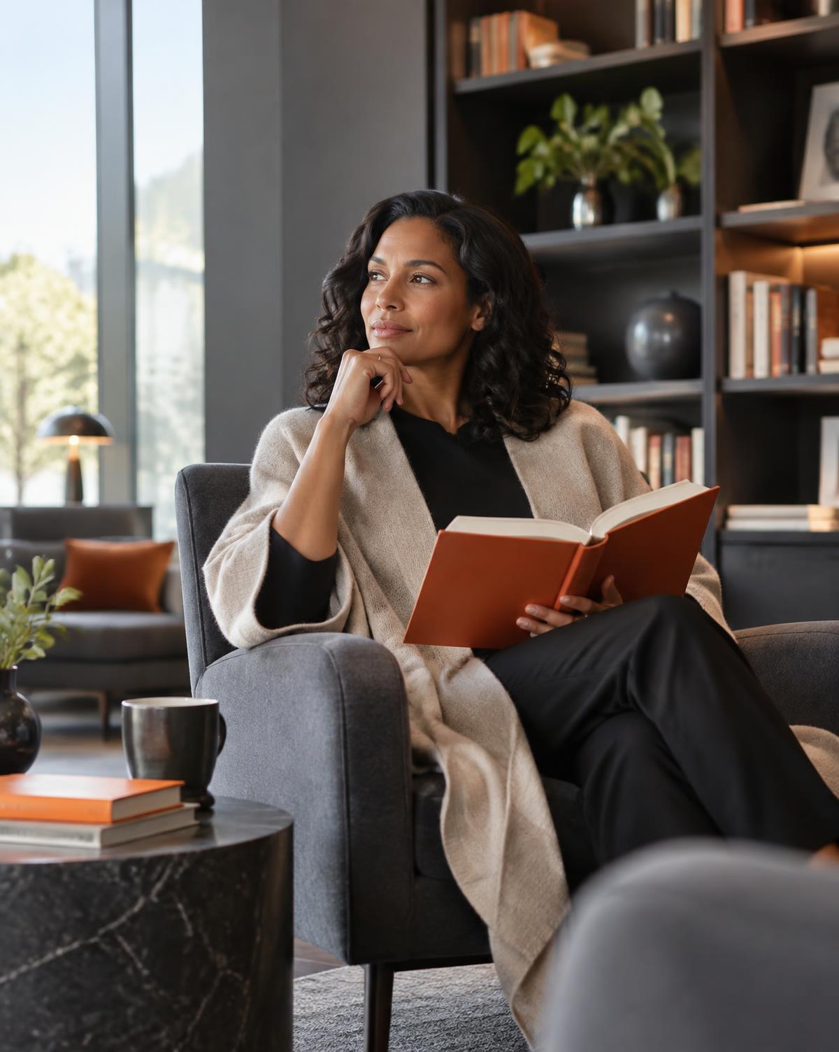 Professional learner reading in a modern library